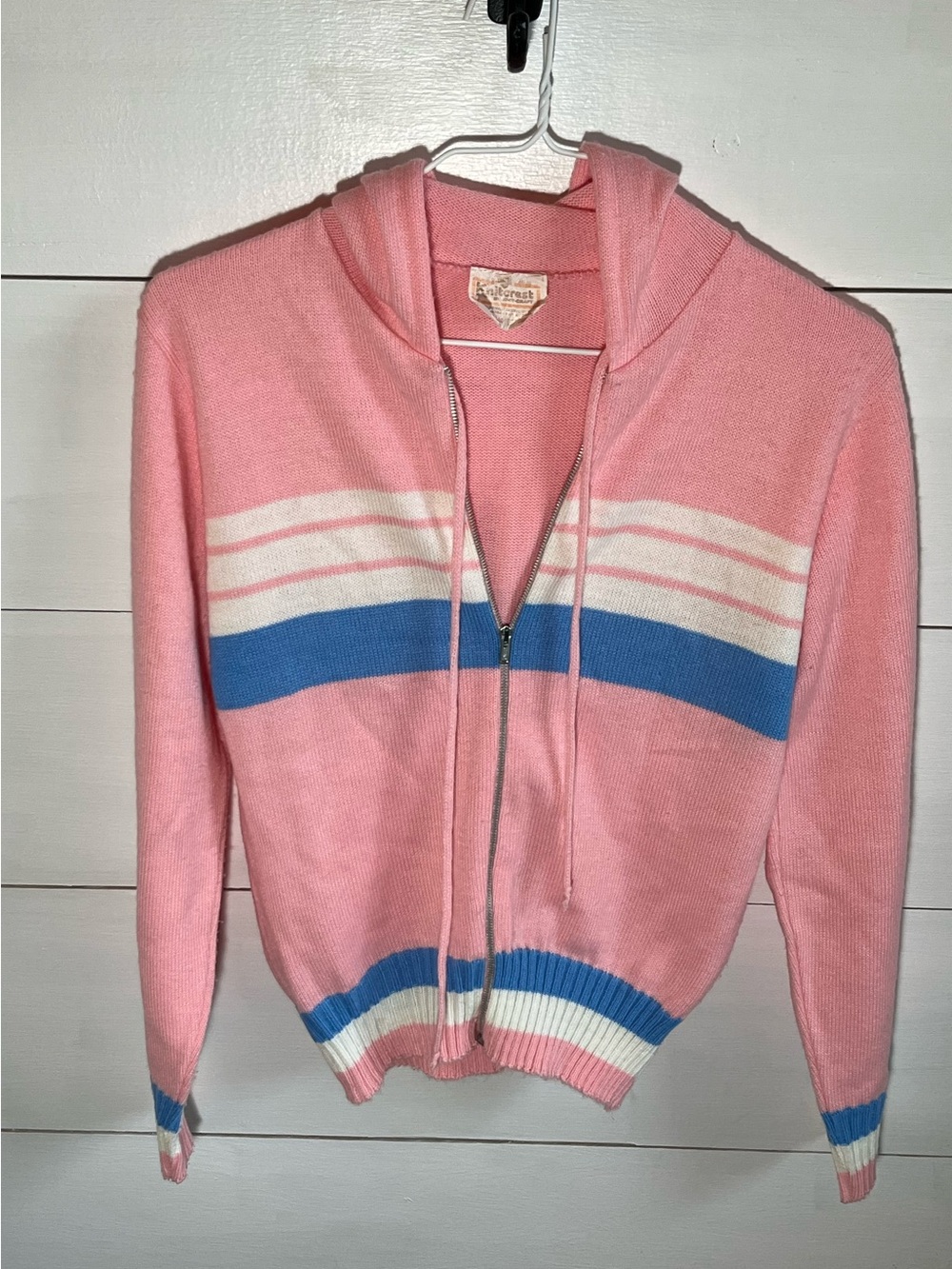 Vintage Knitcrest Pink Zip-Up Hoodie Sweater with Blue & White Stripes